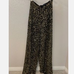 FRENCH CONNECTION Black Gold Sequin Wide Leg  Pant Size 4